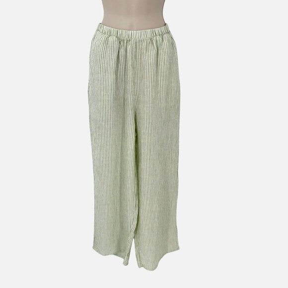 NWOT Flax Womens Striped Linen Wide-Leg Pants With Pockets Green White Small - Picture 2 of 11